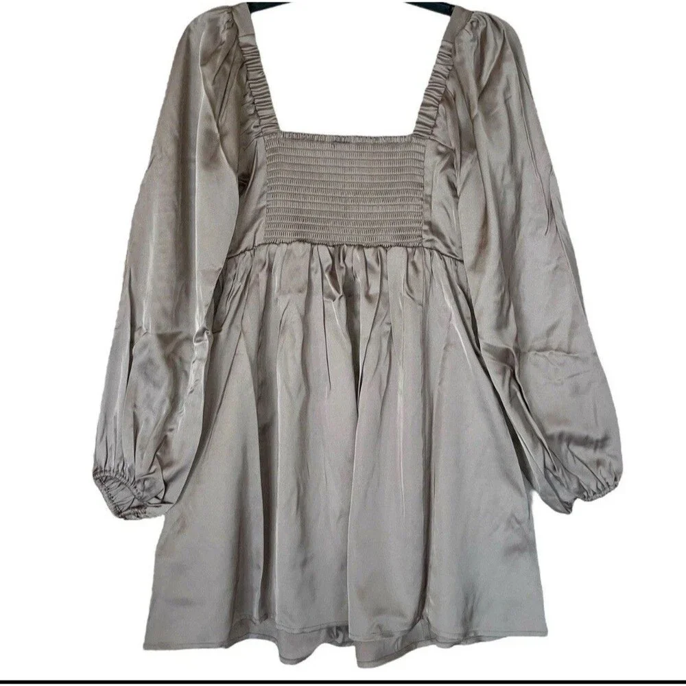 Abercrombie & Fitch Dress Womens Tall Sz S Babydoll Pleated Satin Balloon Sleeve